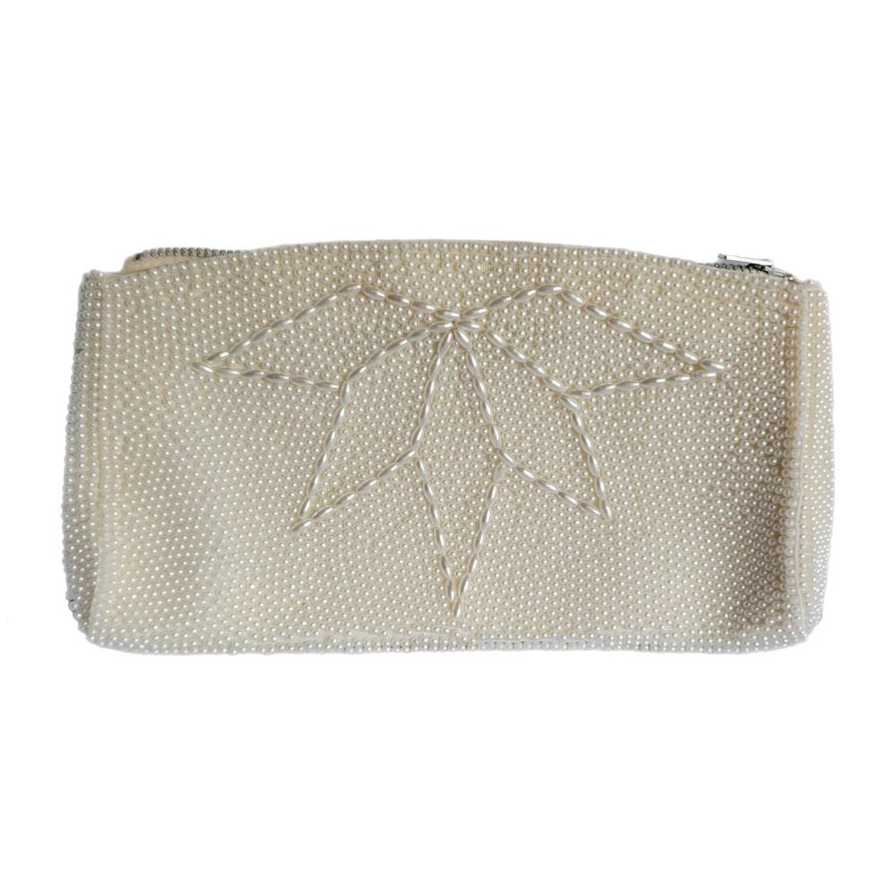 Beaded Clutch Evening Bag Purse Made in Japan Off White Faux Pearl Vintage Glam
